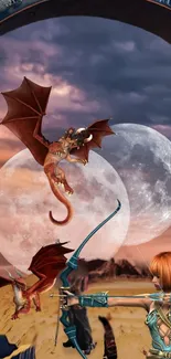 Fantasy warrior aiming at dragons with full moons in the background.