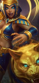 Fantasy warrior with mystic beast in vibrant gold and blue hues.