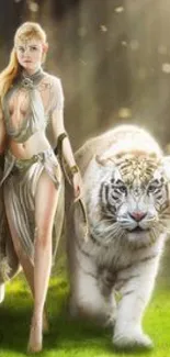 Fantasy warrior with a white tiger in a mystical forest setting.