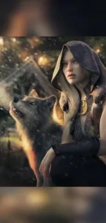 Fantasy warrior with a wolf in a mystical forest setting.