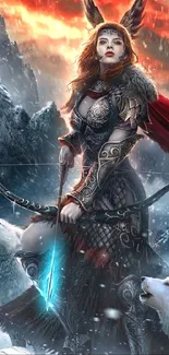 Fantasy warrior woman with wolves in a snowy mountain scene.