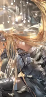 Anime warrior with long hair and armor, surrounded by feathers and stars.