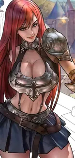 Anime warrior with red hair in armor, standing confidently in fantasy setting.