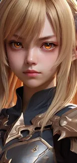 Anime fantasy warrior girl with horns and orange eyes.