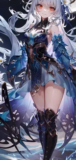 Anime warrior girl with silver hair in a blue outfit, holding a sword, fantasy art.