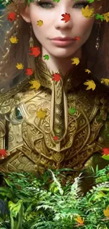 Fantasy warrior with golden armor and vibrant autumn leaves background.