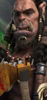 Fantasy orc warrior with green effects and weapon in mobile wallpaper.