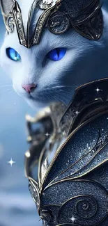 Fantasy cat with blue eyes and ornate armor.