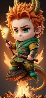 Chibi warrior in fantasy outfit with a flame background.