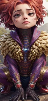 A young fantasy warrior in purple and gold armor, sitting in a forest setting.