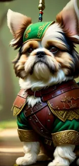 Shih Tzu in fantasy armor on a forest path.