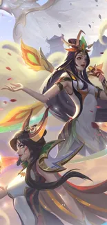 Fantasy artwork with warriors and phoenix in pastel colors.