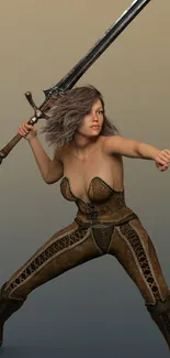 Fantasy female warrior with sword in action pose on a gradient background.