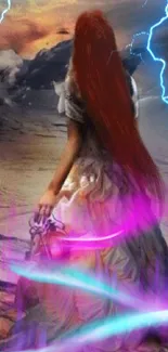 Fantasy warrior girl with red hair and sword in mystical landscape with lightning.