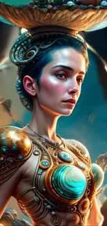 Fantasy warrior goddess art with glowing jewels and cyan hues.