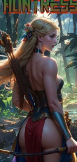 Fantasy warrior huntress in a lush forest setting, showcasing mythical art.