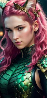 Fantasy warrior with pink hair and dragon scale armor.