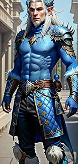 Fantasy warrior in blue armor standing in a stone-lined corridor.