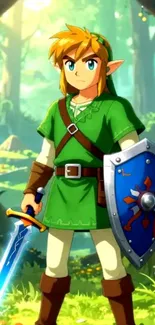 Fantasy warrior with sword and shield in a lush forest.