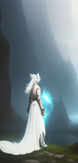 Fantasy warrior stands in misty valley with glowing staff and ethereal light.