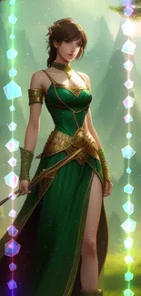 Fantasy warrior woman in emerald dress in a mystical forest background.