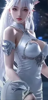 Elegant fantasy warrior in silver armor.