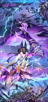 Fantasy warrior with purple lightning in dynamic art wallpaper.