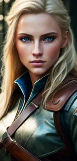 Fierce fantasy warrior with blue eyes in a forest setting wearing armor.