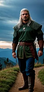 Fantasy warrior in green outfit stands on mountain path.