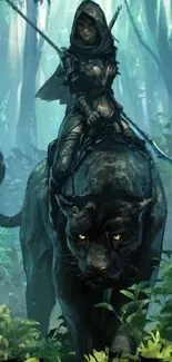 A warrior riding a black panther in a mystical forest setting.