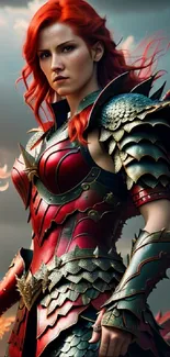 Red-haired warrior in ornate armor, against a fiery backdrop.