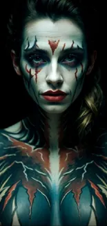 Fantasy warrior portrait with intricate body paint on a dark background.