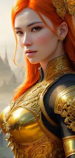 Fantasy warrior princess with red hair, golden armor, and butterflies in mystical setting.