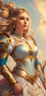 A fantasy warrior princess in detailed armor with flowing blonde hair.