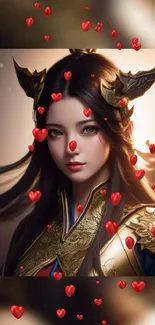 Fantasy warrior princess with red hearts.