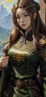 Fantasy warrior princess in green armor with mountains and river backdrop.