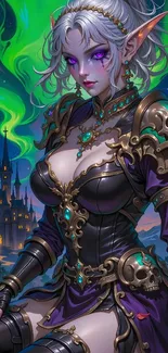 Fantasy warrior princess with glowing eyes and mystical backdrop.