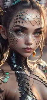 Fantasy warrior princess with scaled armor and captivating eyes.