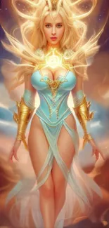 Fantasy warrior princess in golden armor with ethereal glow and vibrant background.