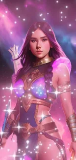 Fantasy warrior princess in a cosmic background with pink and purple hues.