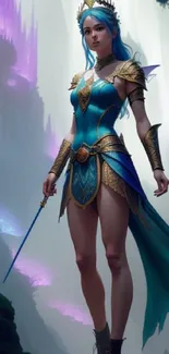 Fantasy warrior princess stands in a mystical forest with a sword.