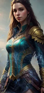 A fantasy warrior princess in teal armor with a mystical backdrop.