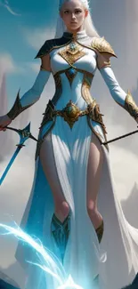 Fantasy warrior princess with swords in a mystical mountain setting.