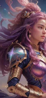 Fantasy warrior princess in armor with purple hair, cosmic background.