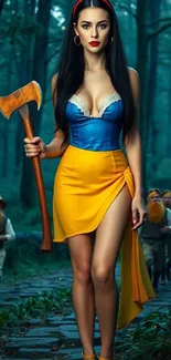 Fantasy warrior princess in mystical forest holding an axe.