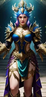 Fantasy warrior princess in blue and gold armor with mystical surroundings.