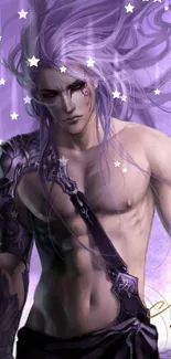 Fantasy warrior with purple hair and mystical aura on mobile wallpaper.