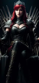 Fantasy warrior queen in armor on a gothic throne.