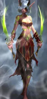 Fantasy warrior with glowing green blades on dark background.