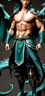 Fantasy warrior with dragon wings in emerald armor.